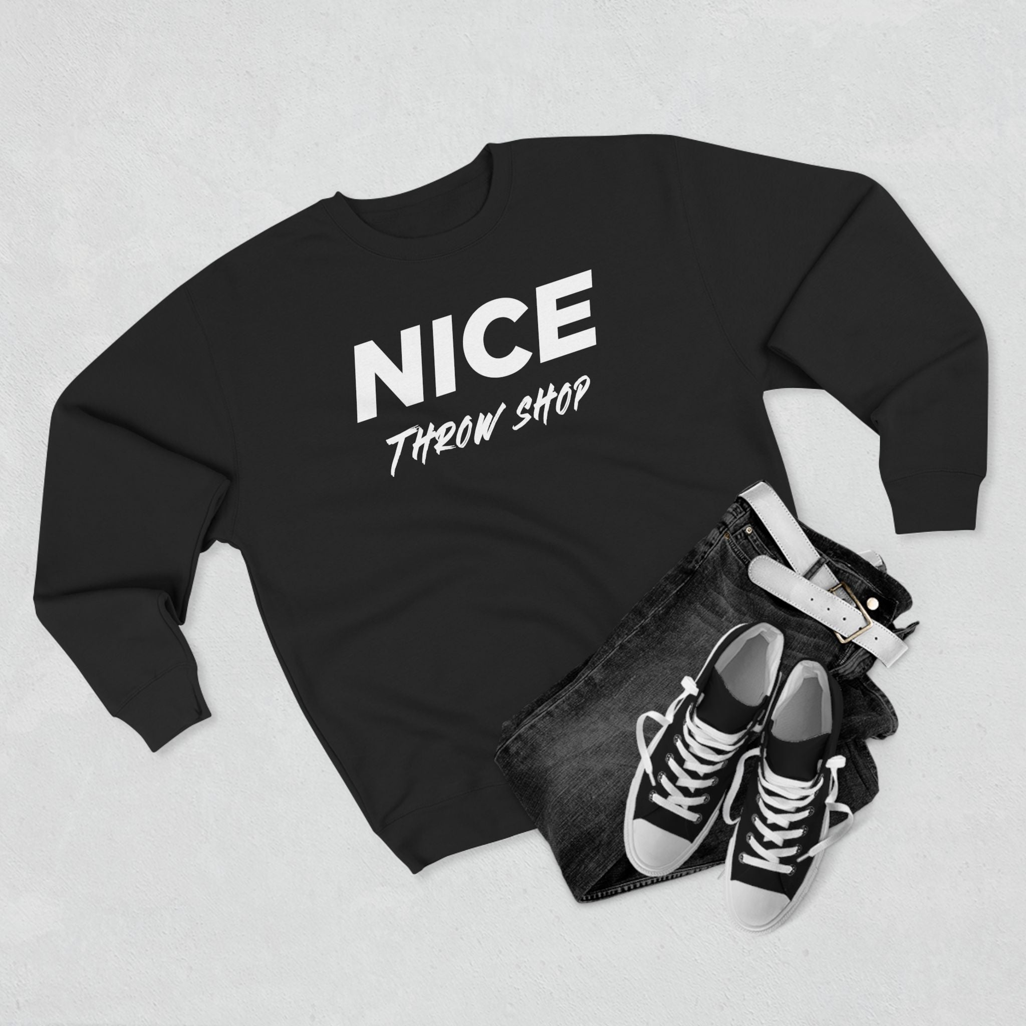 NICE Throw Shop Unisex Crewneck Sweatshirt White Logo – Multiple Colors