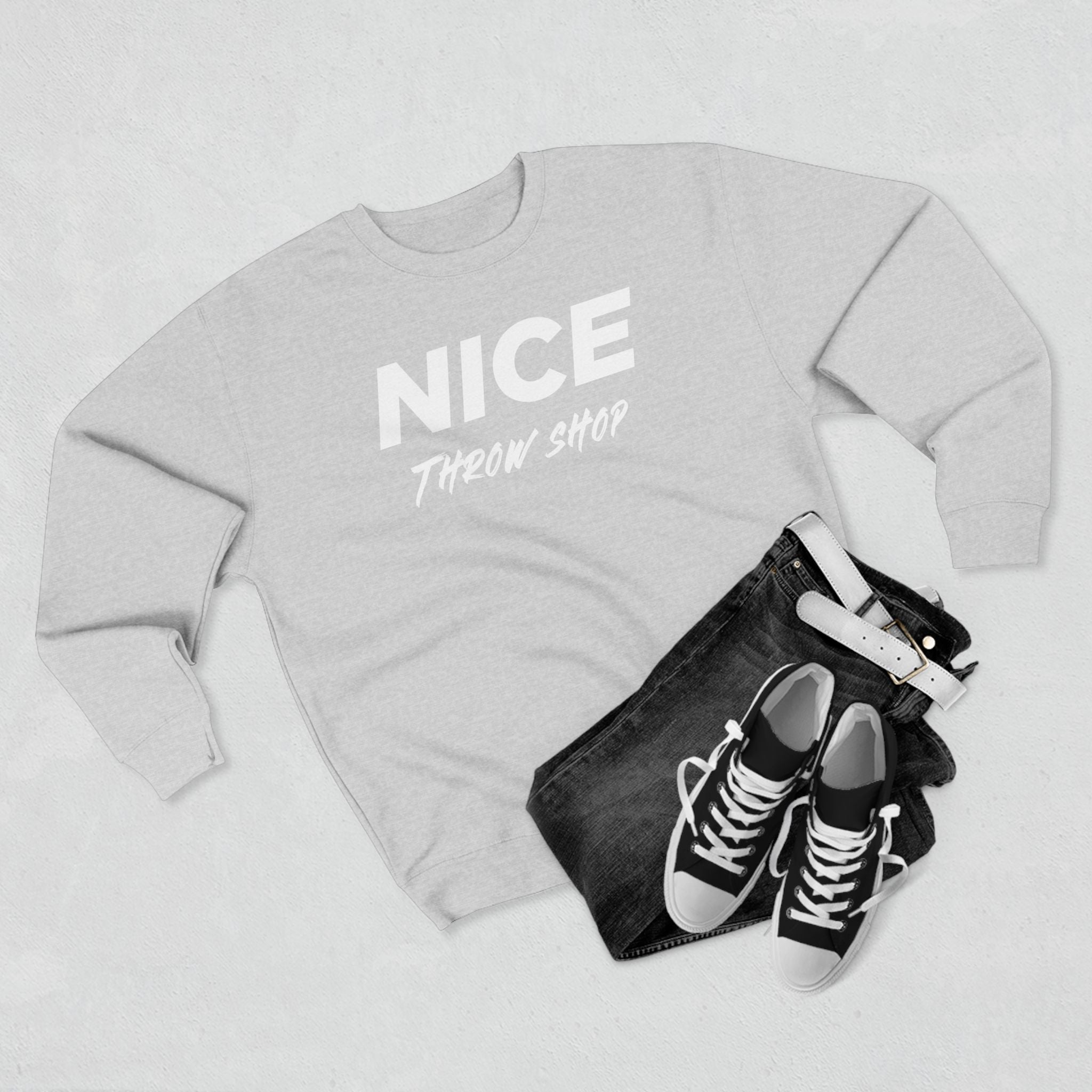 NICE Throw Shop Unisex Crewneck Sweatshirt White Logo – Multiple Colors