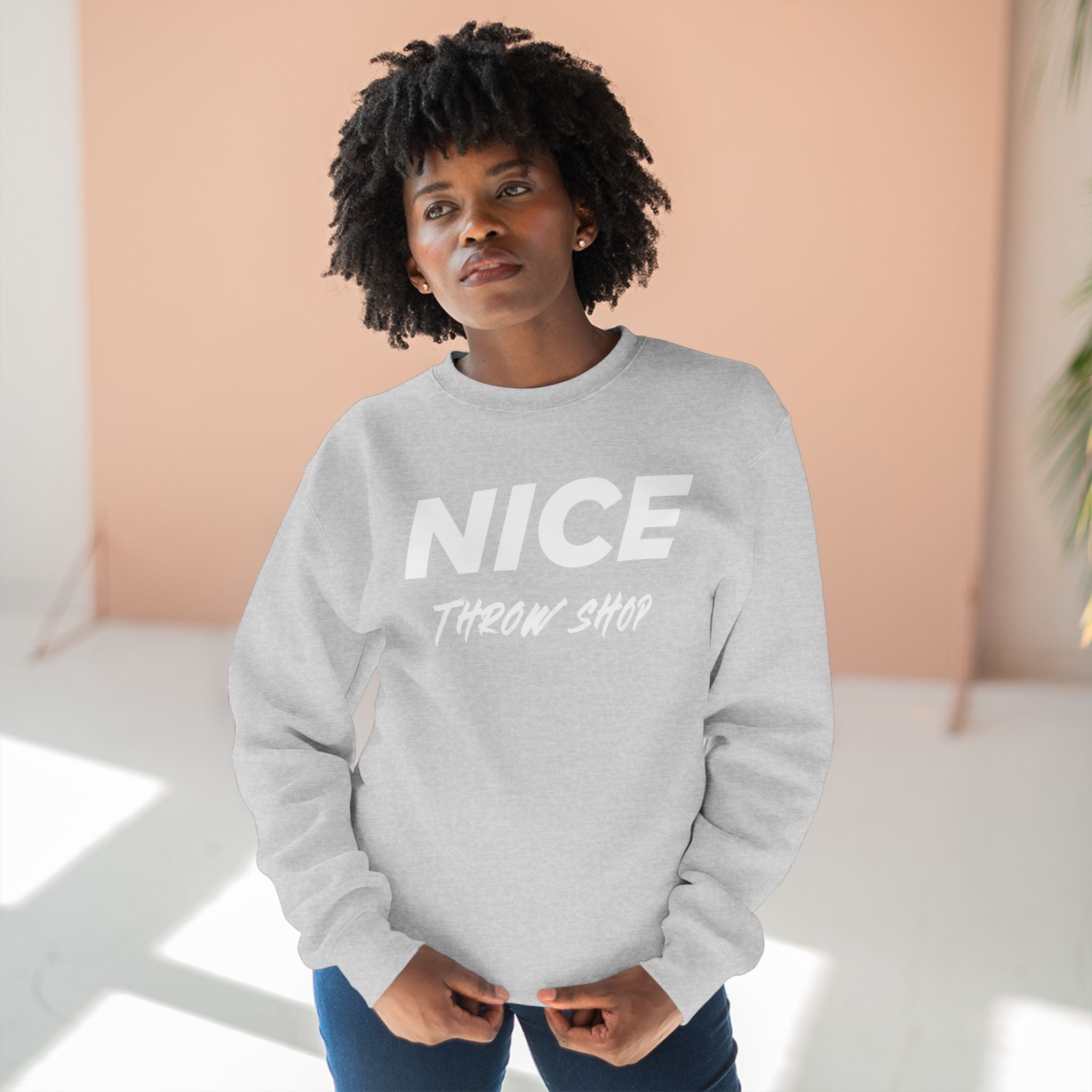 NICE Throw Shop Unisex Crewneck Sweatshirt White Logo – Multiple Colors