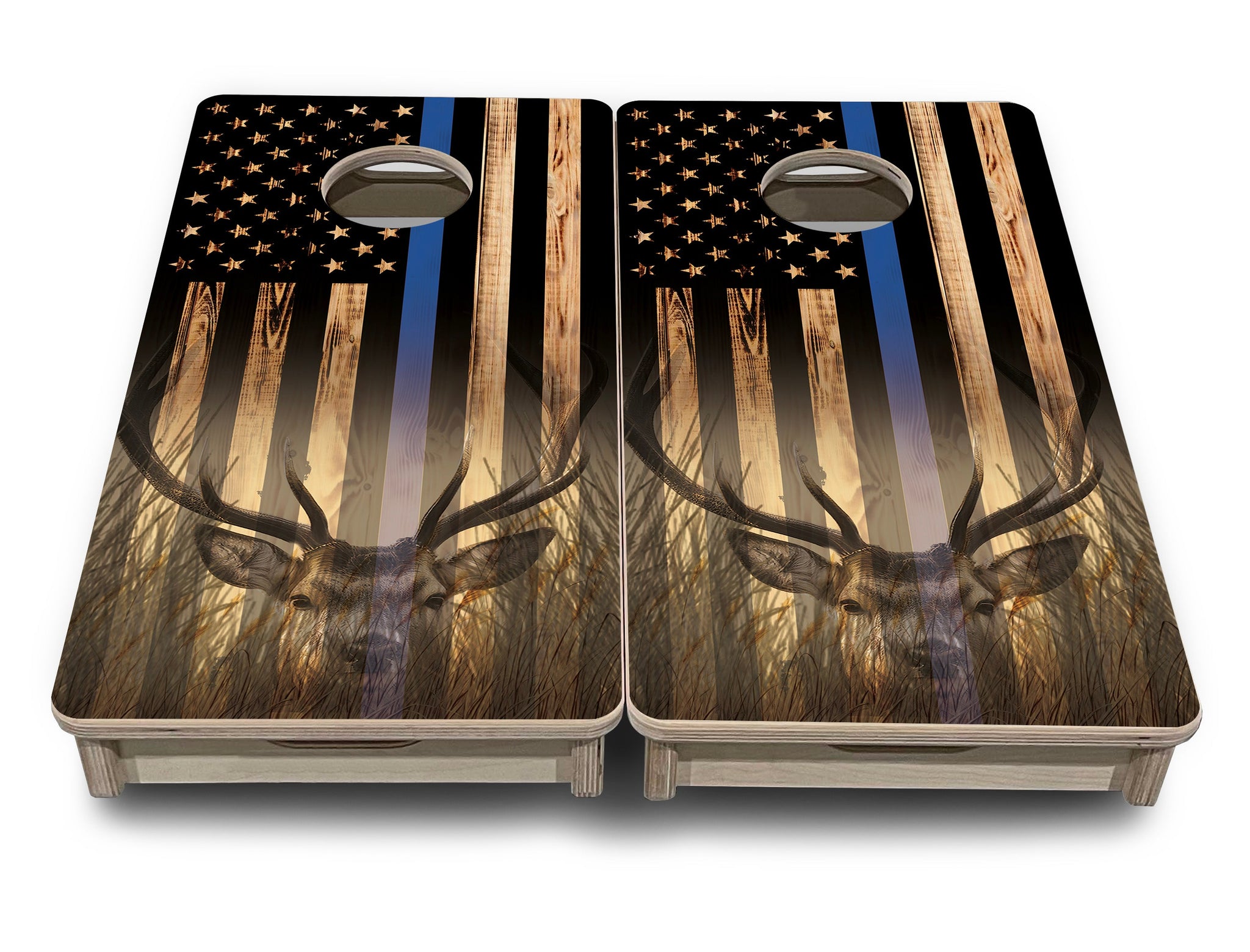 Mini Cornhole Boards - Blue & Red Line Deer & Fish Flag