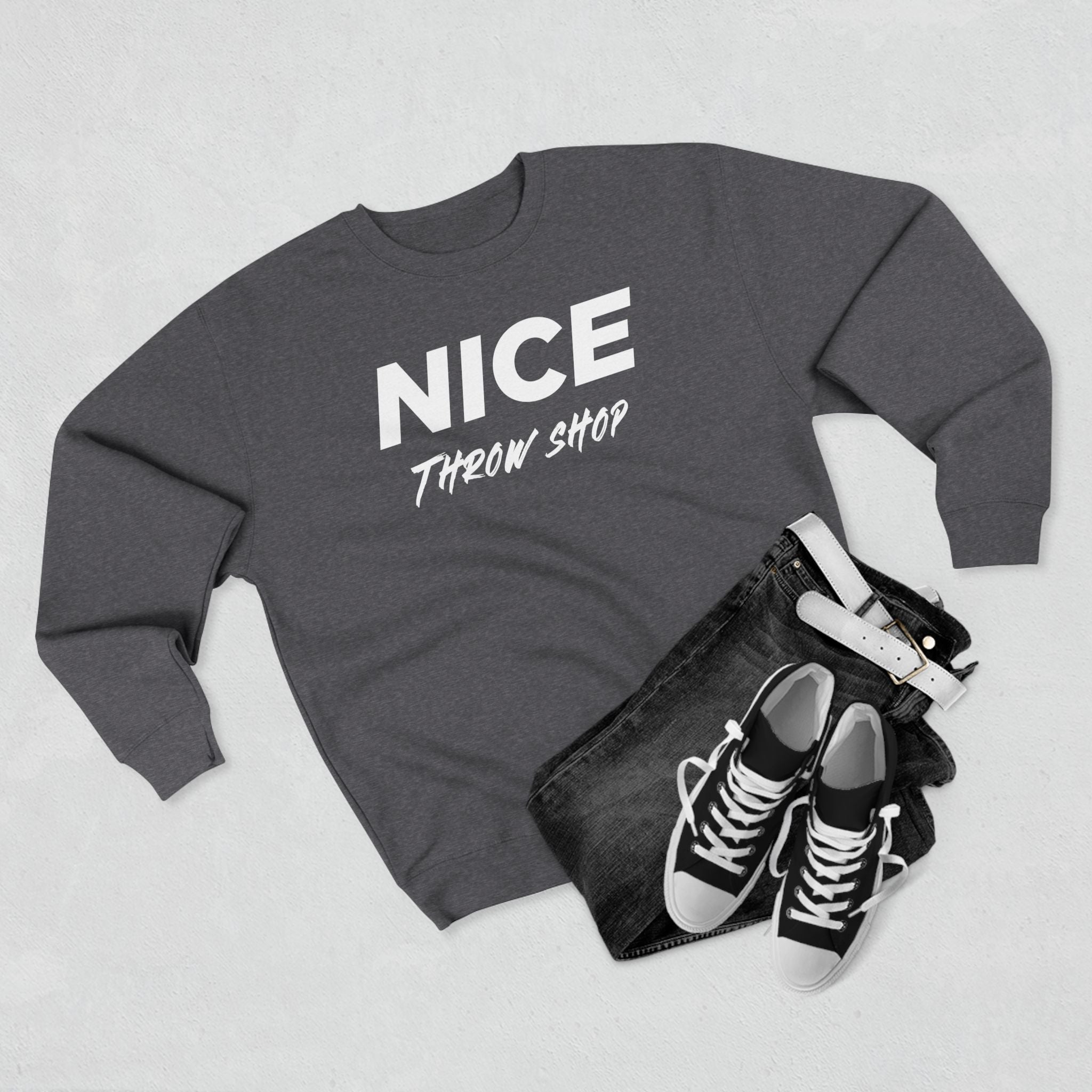 NICE Throw Shop Unisex Crewneck Sweatshirt White Logo – Multiple Colors