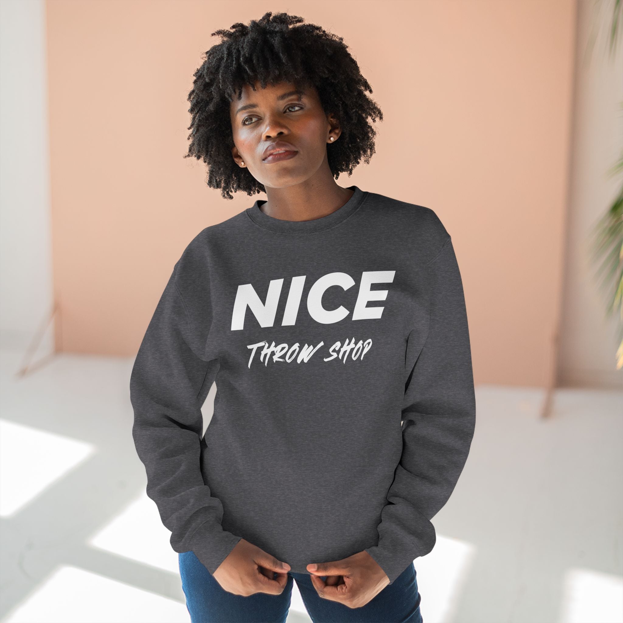 NICE Throw Shop Unisex Crewneck Sweatshirt White Logo – Multiple Colors