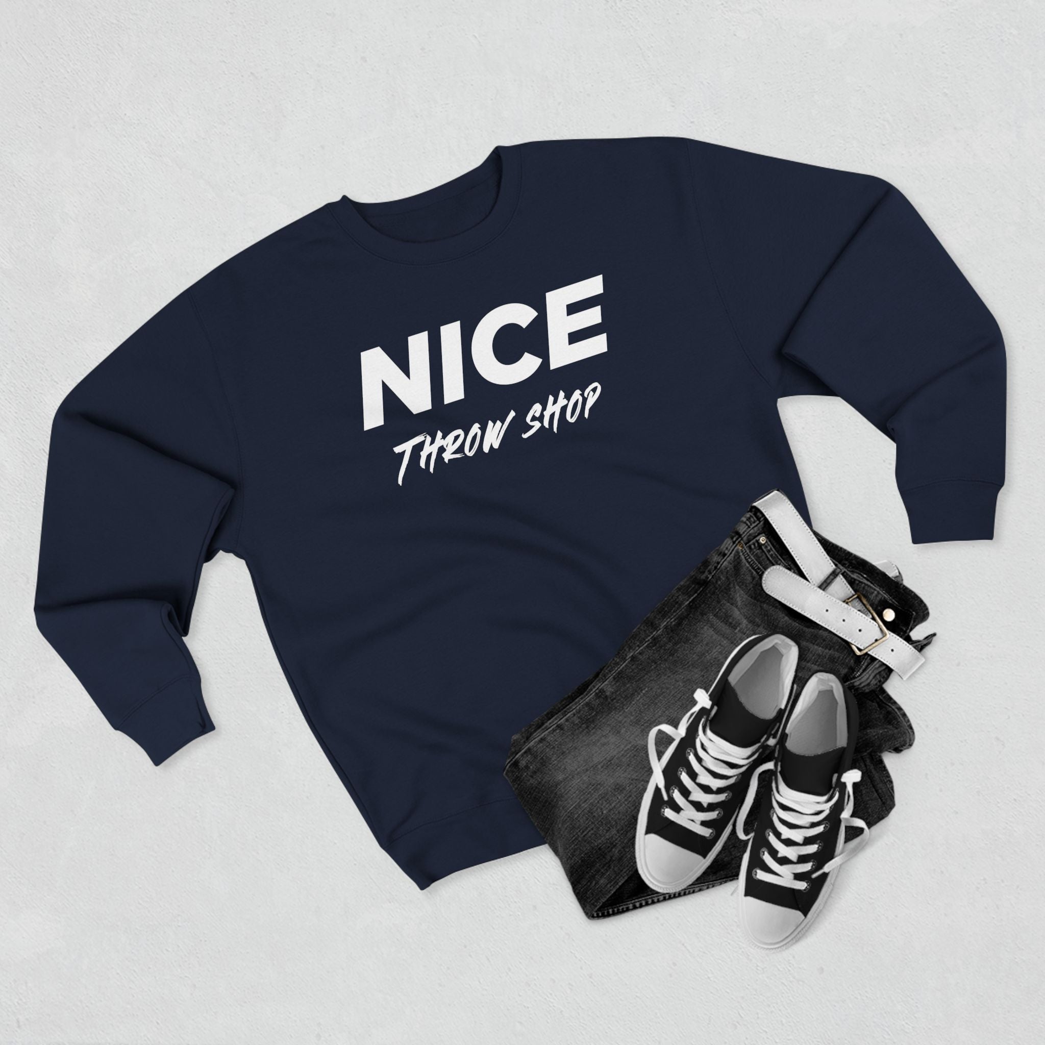 NICE Throw Shop Unisex Crewneck Sweatshirt White Logo – Multiple Colors