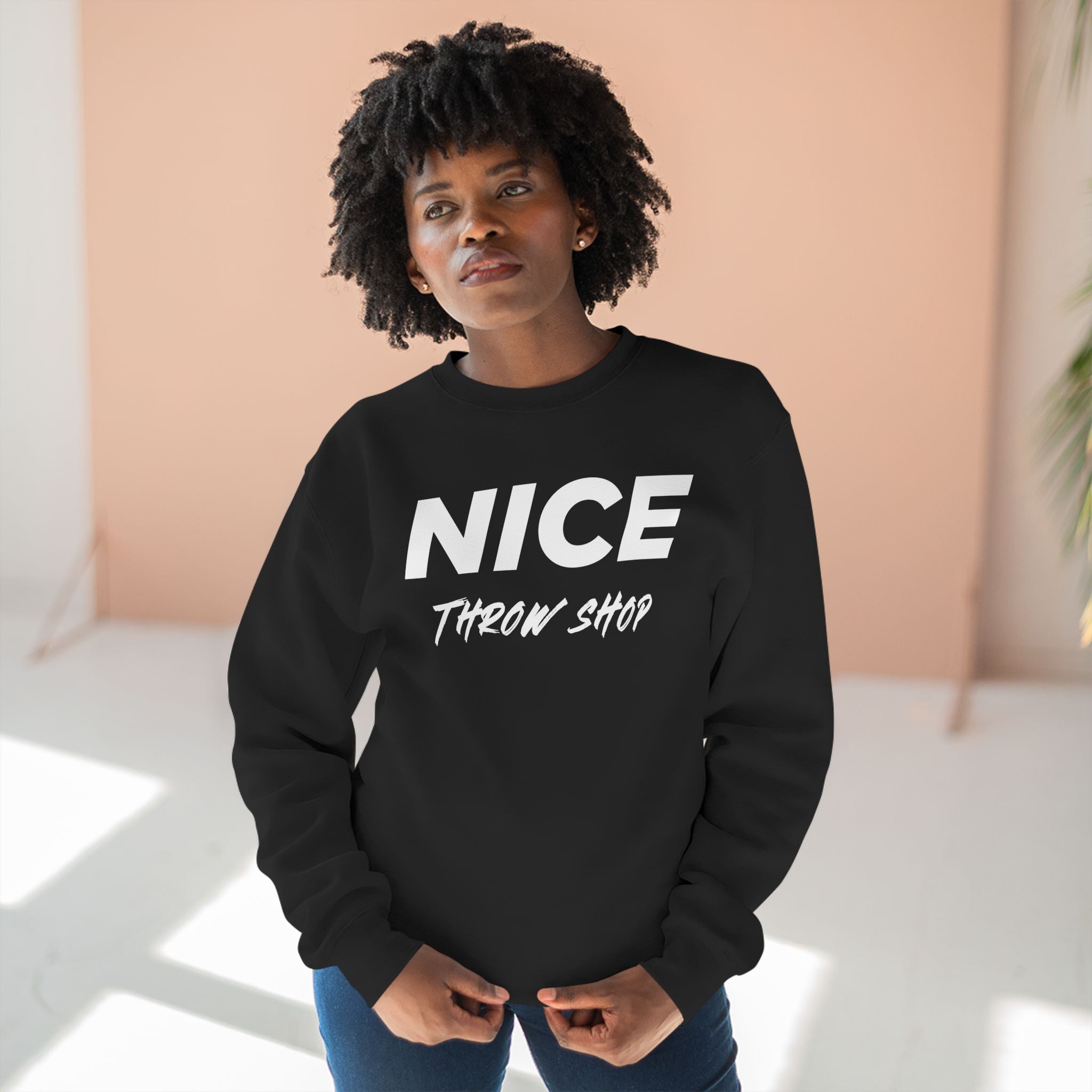 NICE Throw Shop Unisex Crewneck Sweatshirt White Logo – Multiple Colors