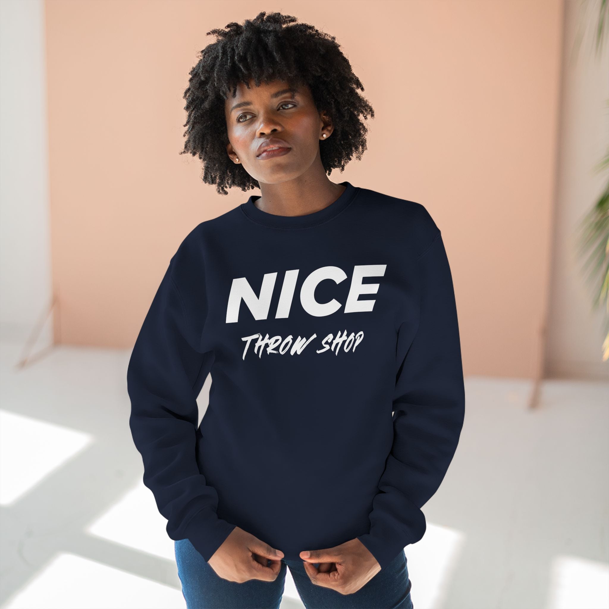 NICE Throw Shop Unisex Crewneck Sweatshirt White Logo – Multiple Colors