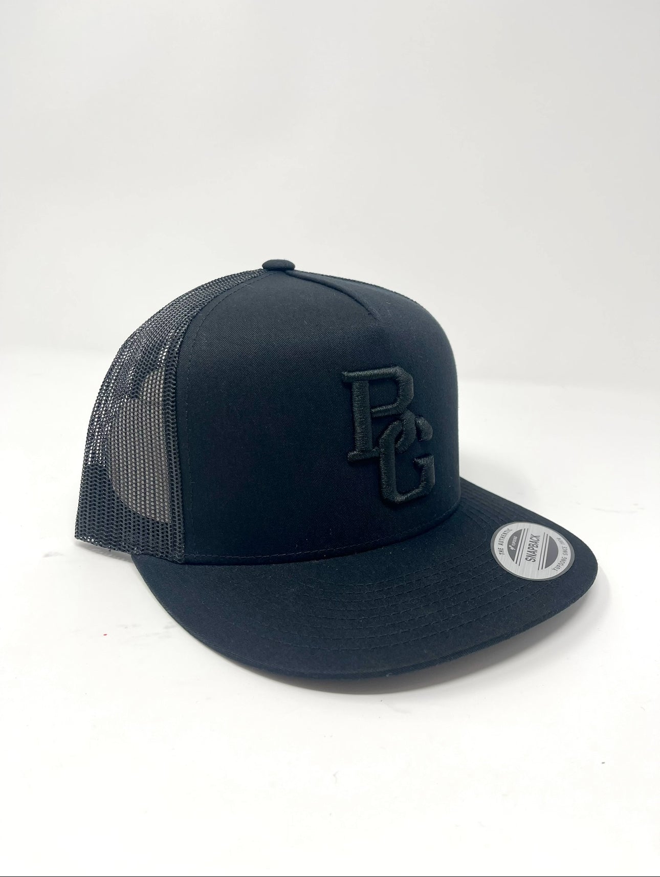 BG Cornhole Black Trucker Flat Bill Hat - Colored Embroidery - YUPOONG