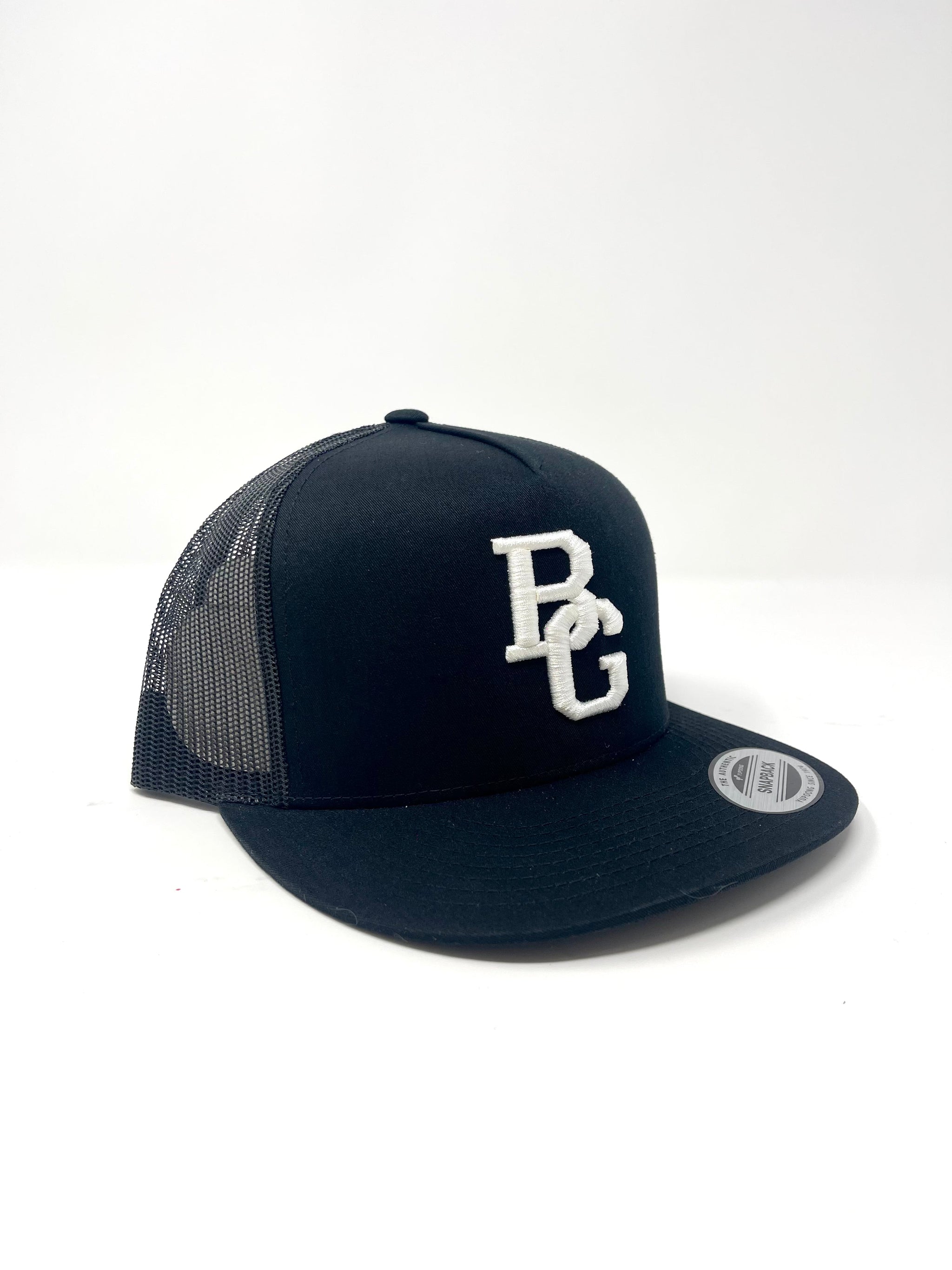 BG Cornhole Black Trucker Flat Bill Hat - Colored Embroidery - YUPOONG