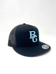 BG Cornhole Black Trucker Flat Bill Hat - Colored Embroidery - YUPOONG