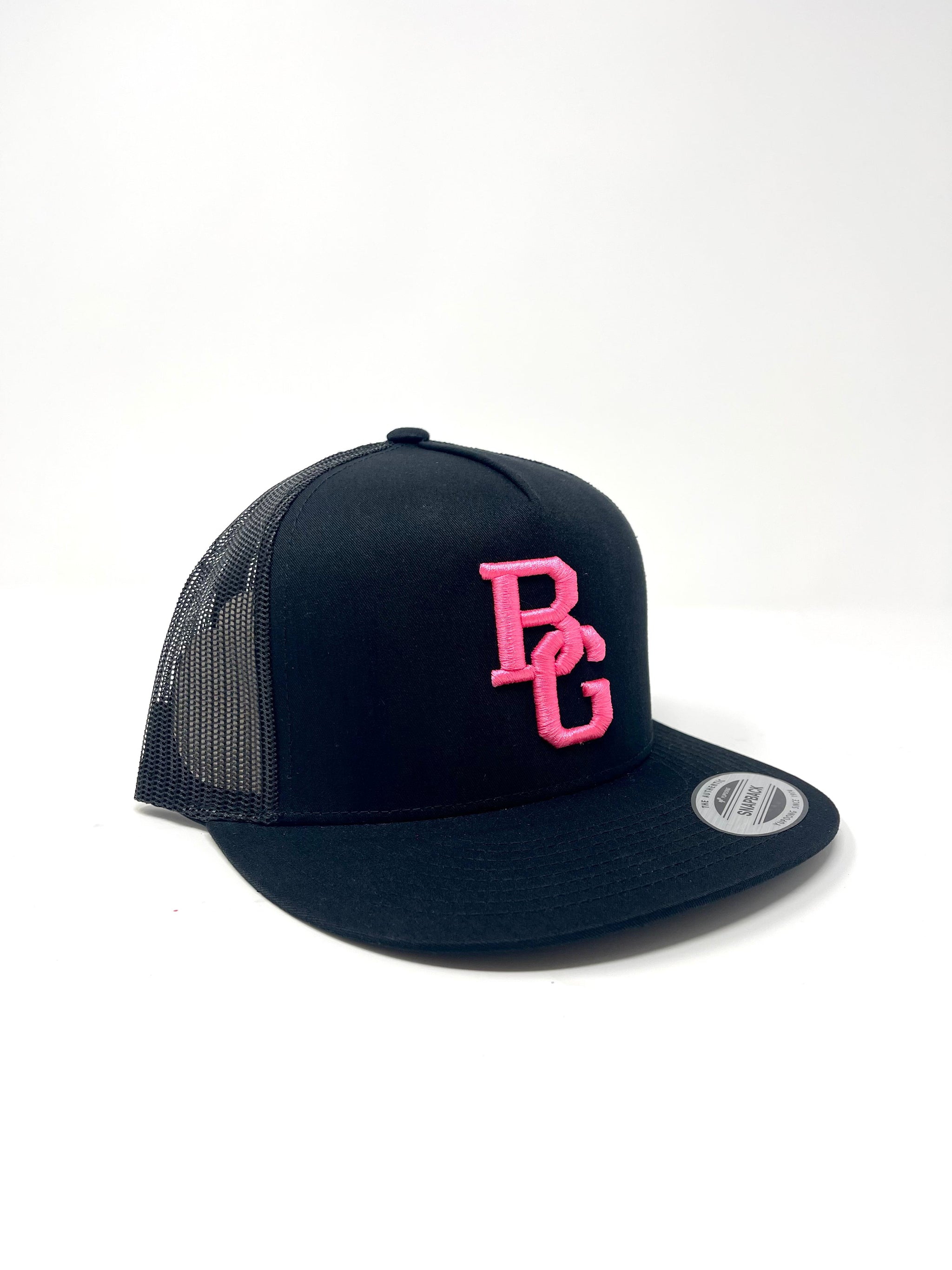 BG Cornhole Black Trucker Flat Bill Hat - Colored Embroidery - YUPOONG