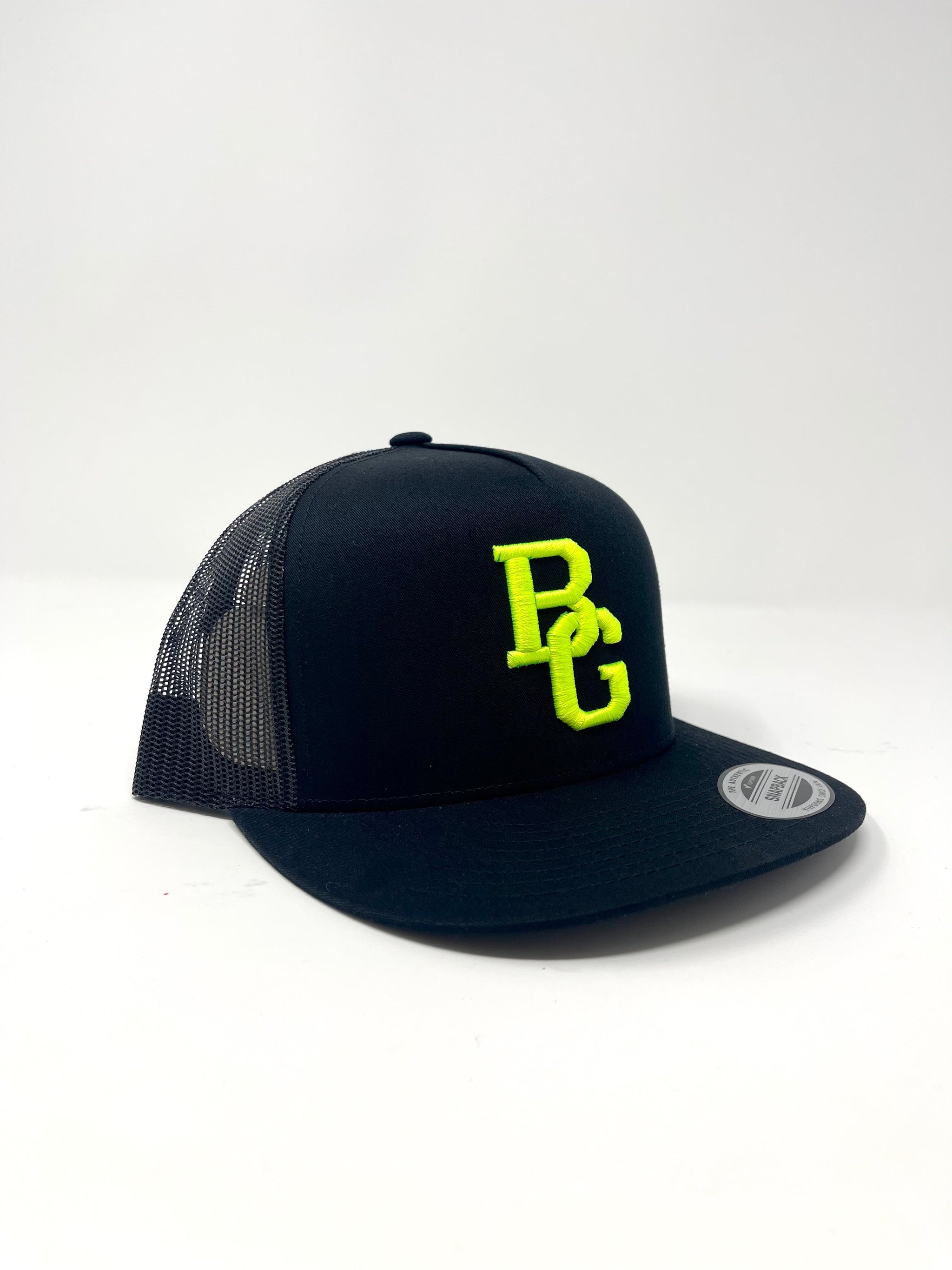BG Cornhole Black Trucker Flat Bill Hat - Colored Embroidery - YUPOONG