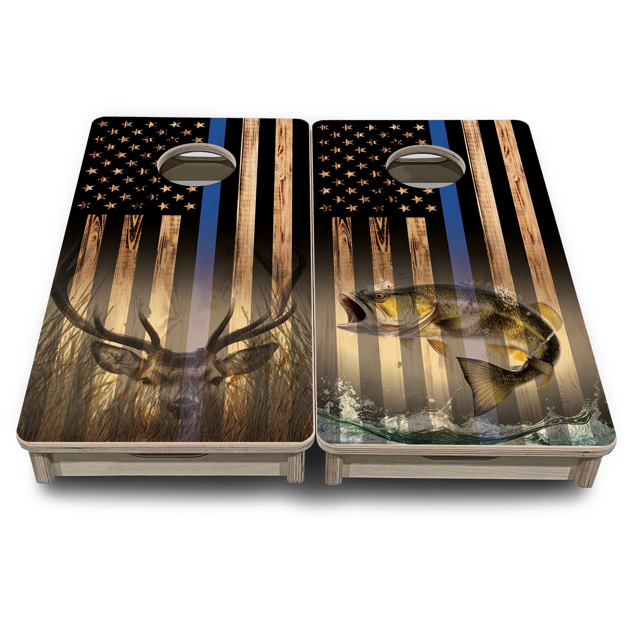 Mini Cornhole Boards - Blue & Red Line Deer & Fish Flag