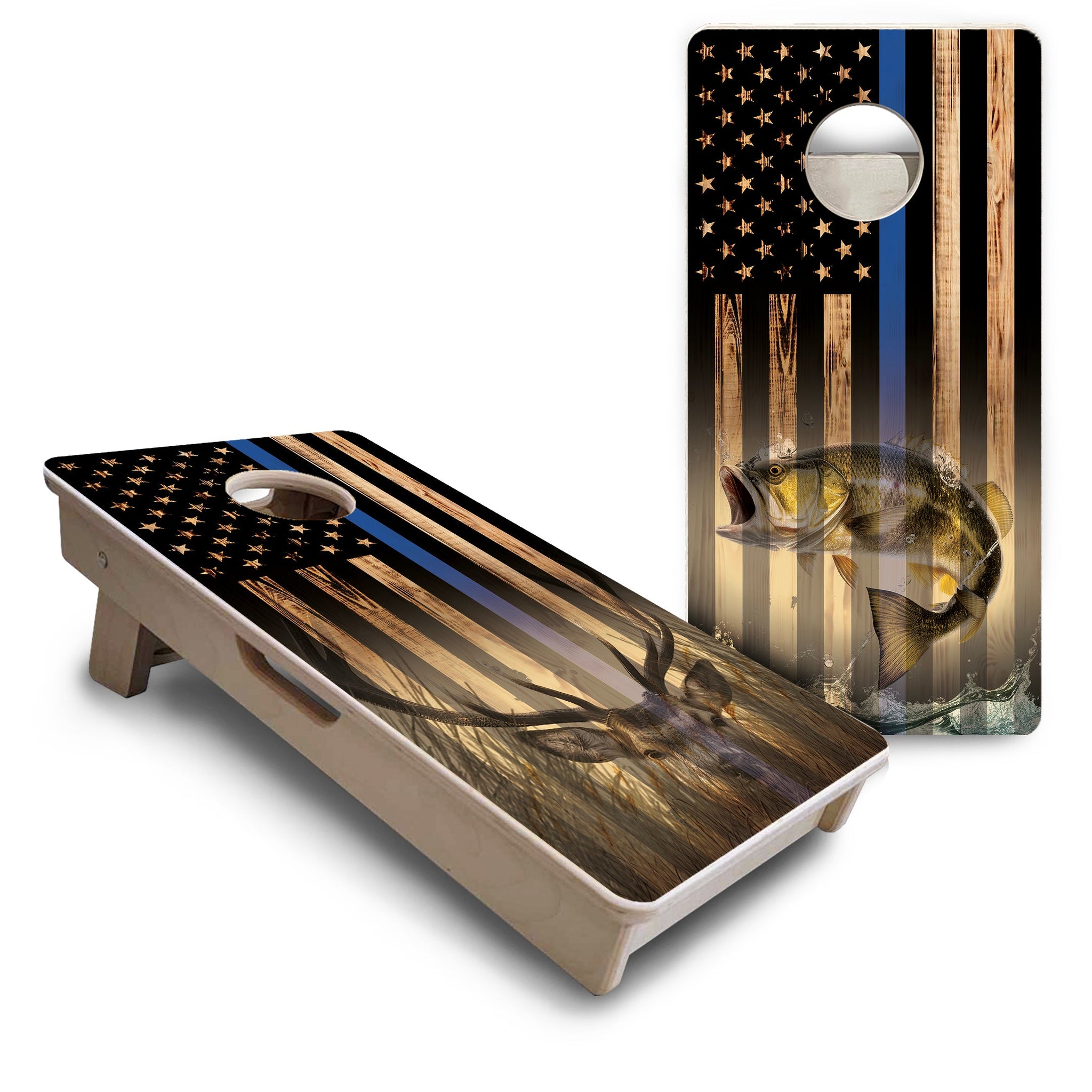 Mini Cornhole Boards - Blue & Red Line Deer & Fish Flag