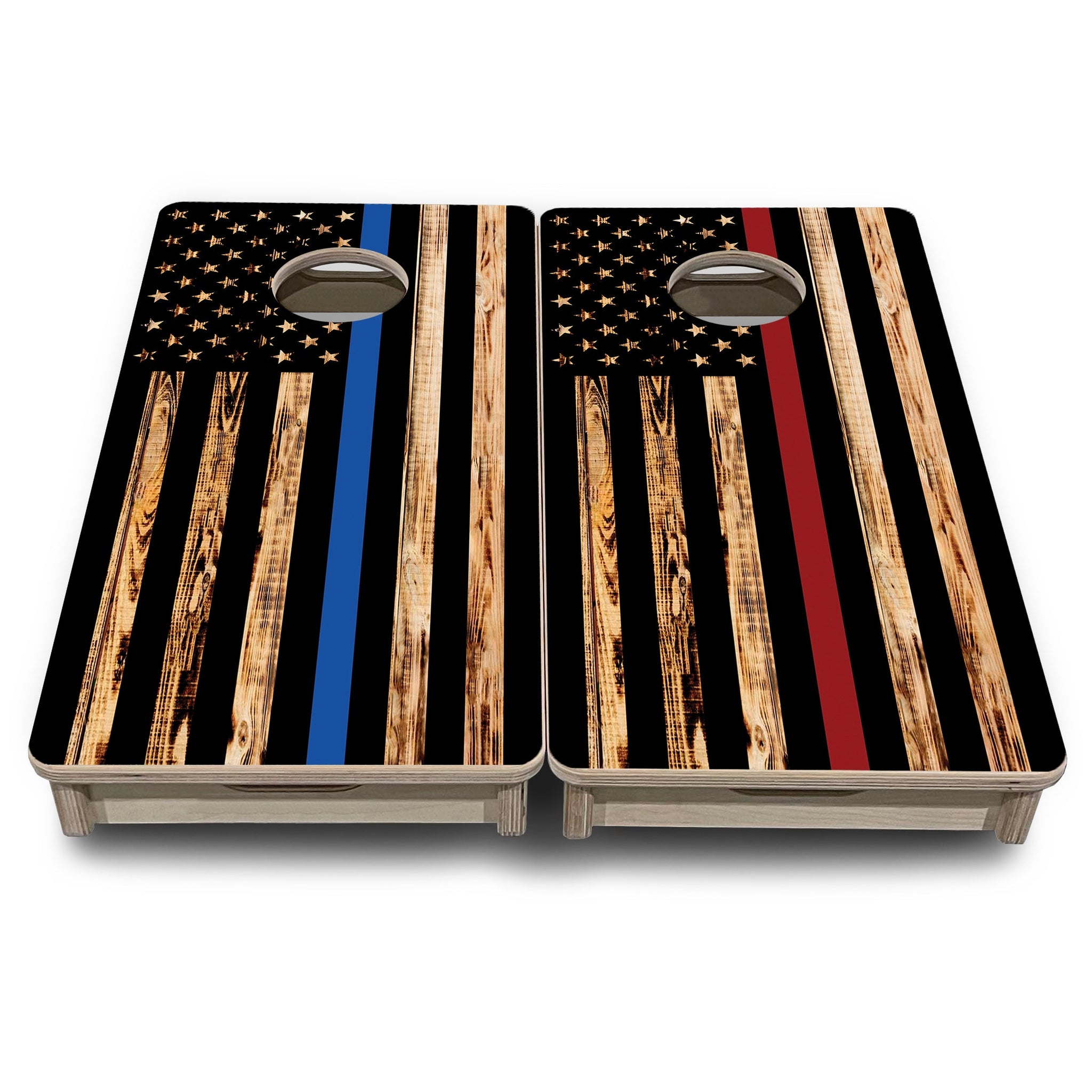 Mini Cornhole Boards - Blue & Red Line Burnt Flags