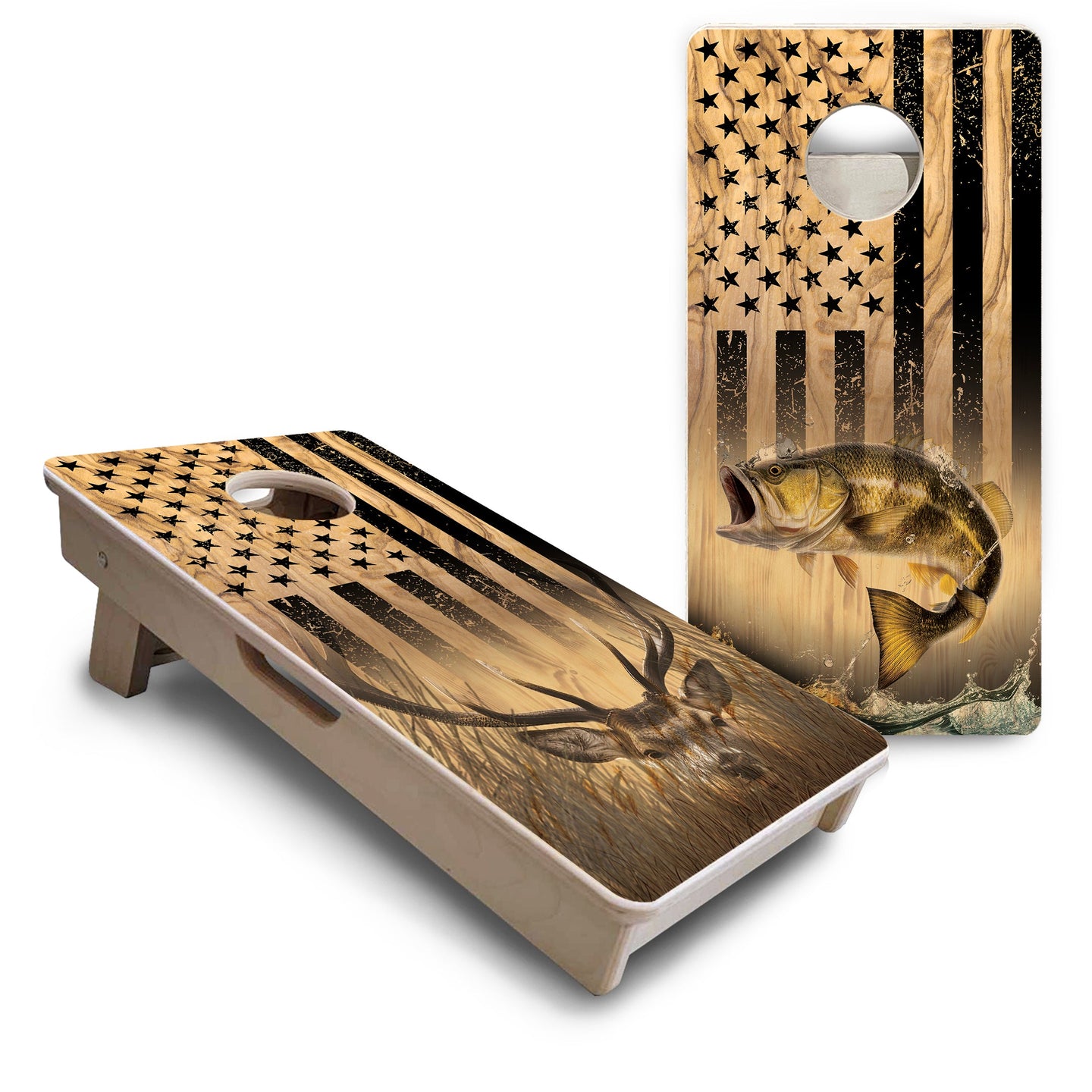 Mini Cornhole Boards - Light Wood Deer & Fish
