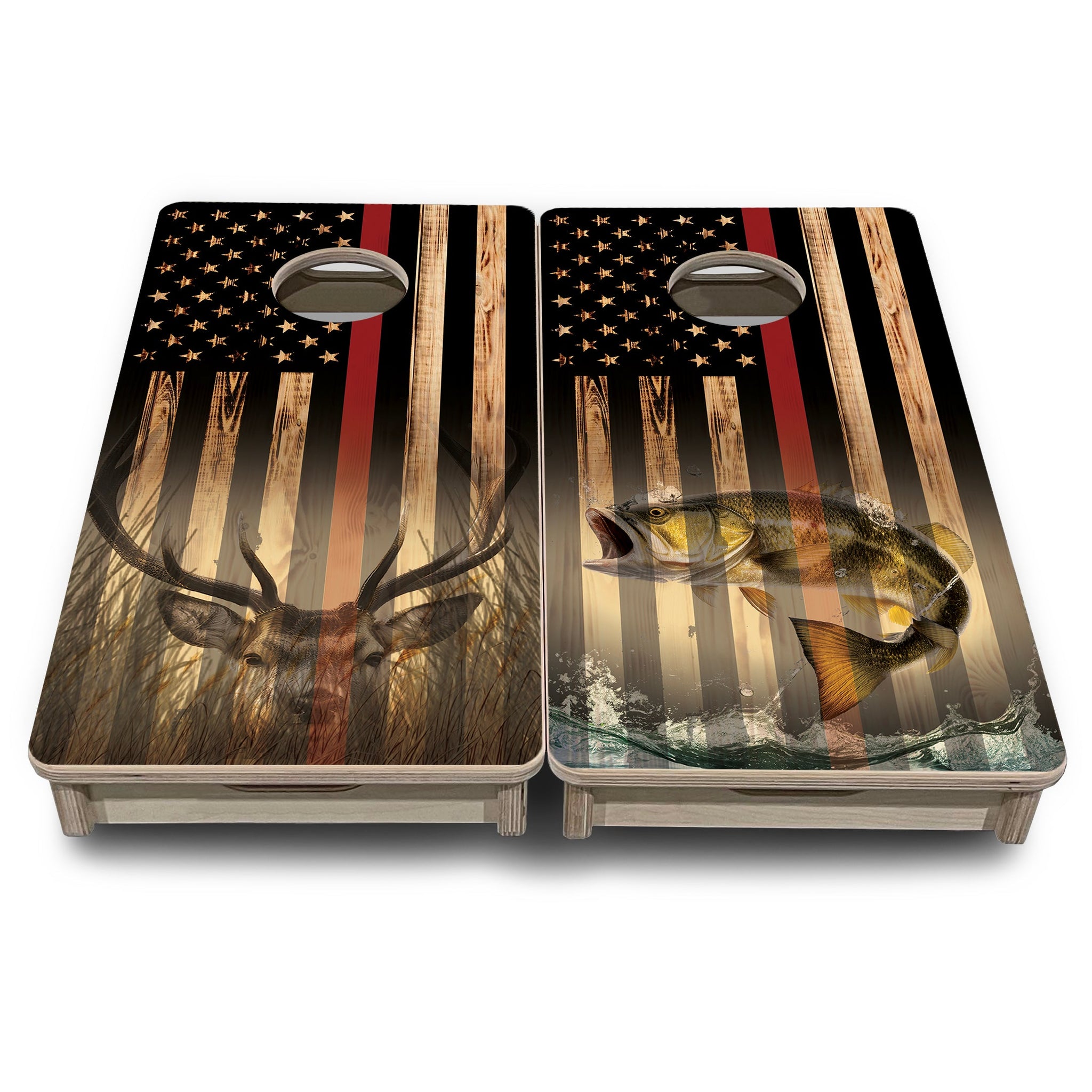 Mini Cornhole Boards - Blue & Red Line Deer & Fish Flag