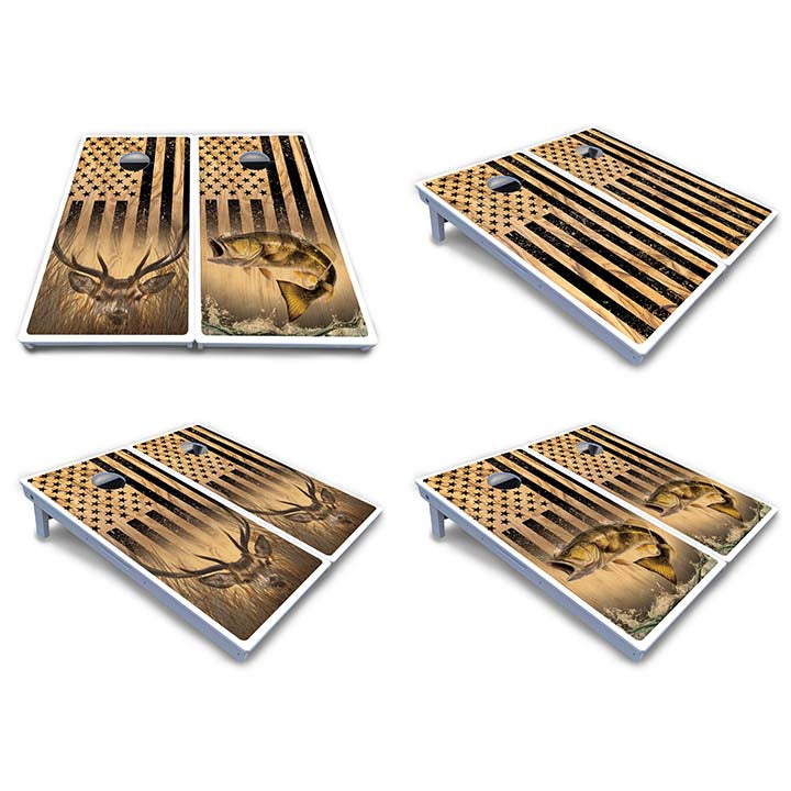 Light Wood Flag Deer & Fish Cornhole Boards - All Weather Series