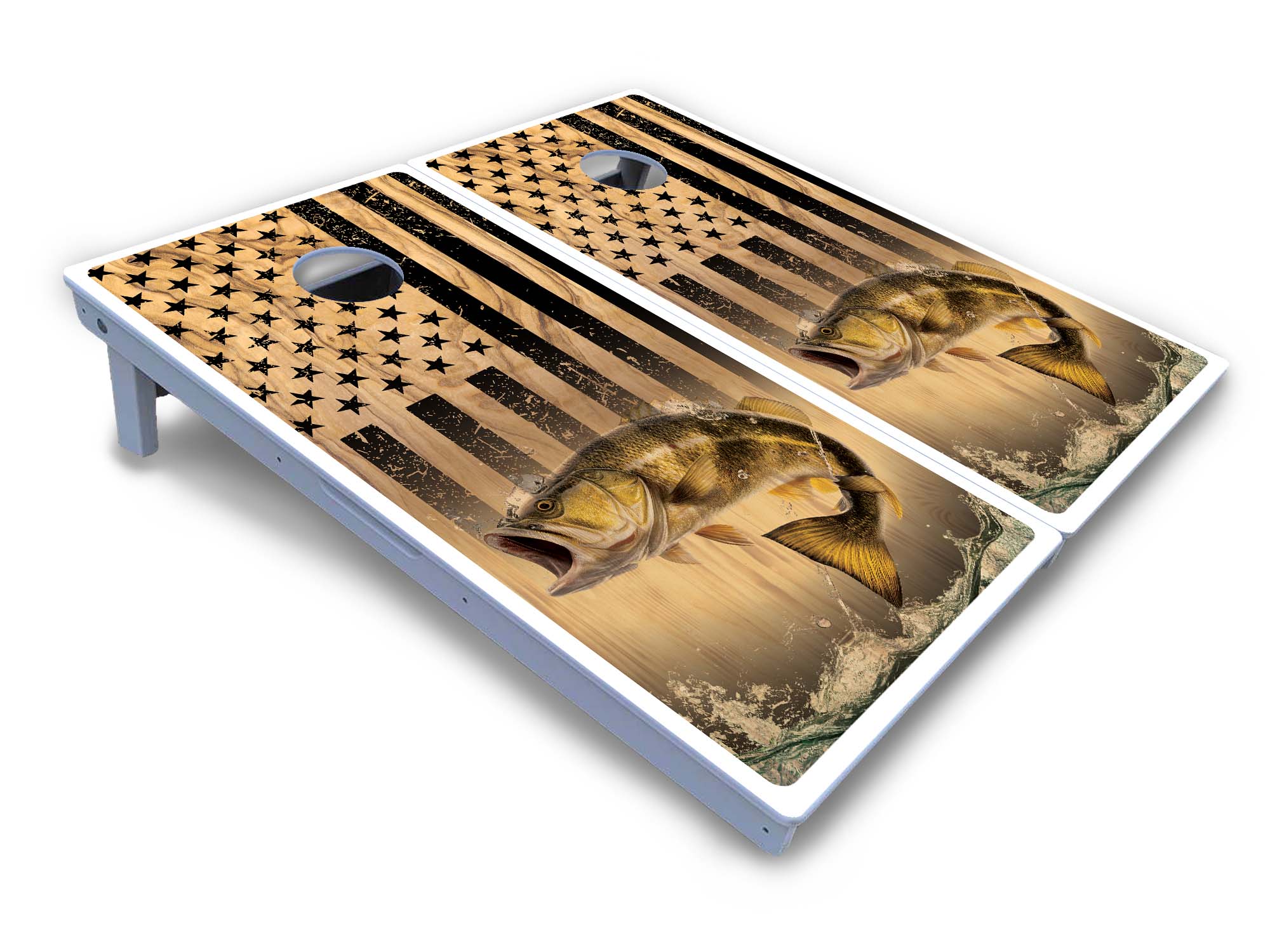 Light Wood Flag Deer & Fish Cornhole Boards - All Weather Series