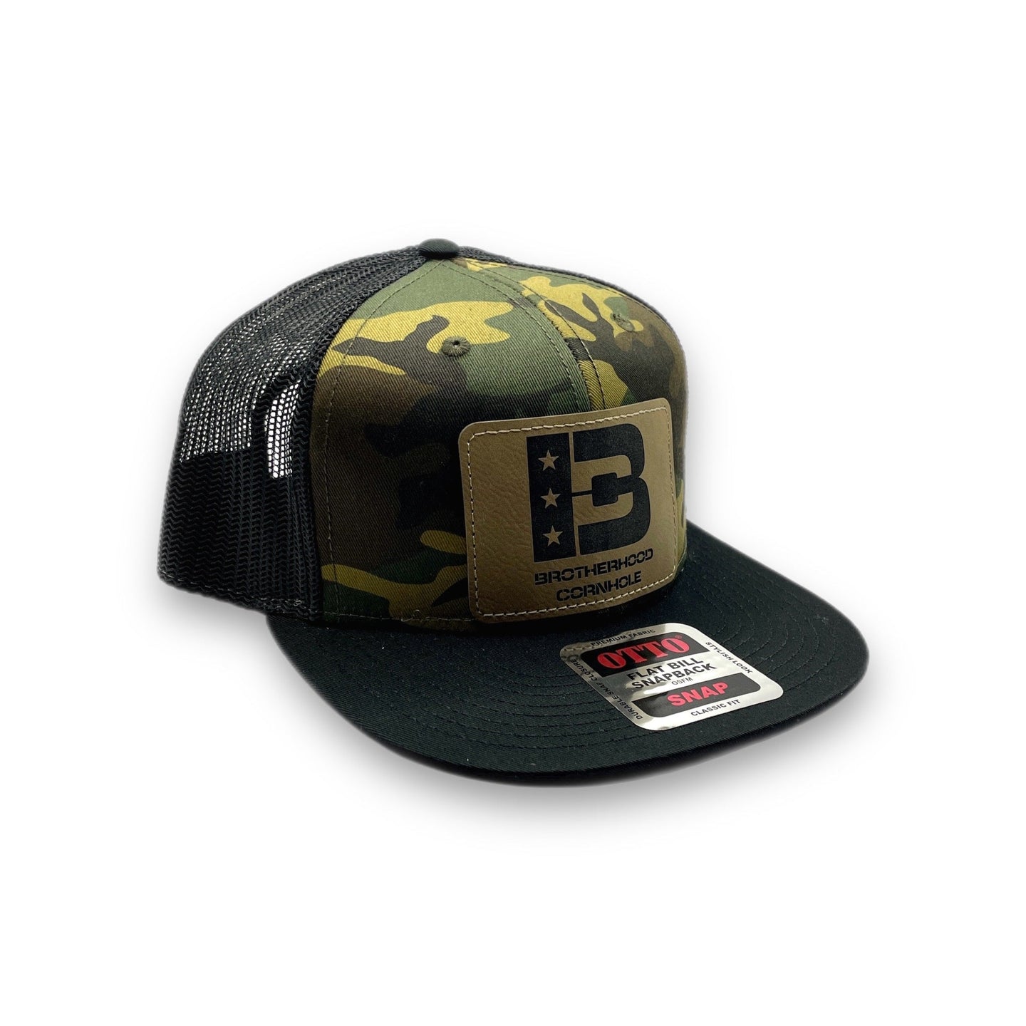 Brotherhood Cornhole Camo Flat Bill Snapback – Lt Brown Leatherette Patch