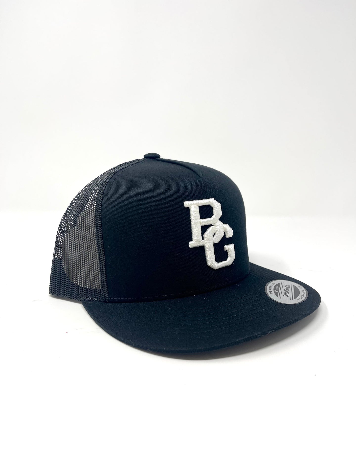 BG Cornhole Black Trucker Flat Bill Hat - Colored Embroidery - YUPOONG