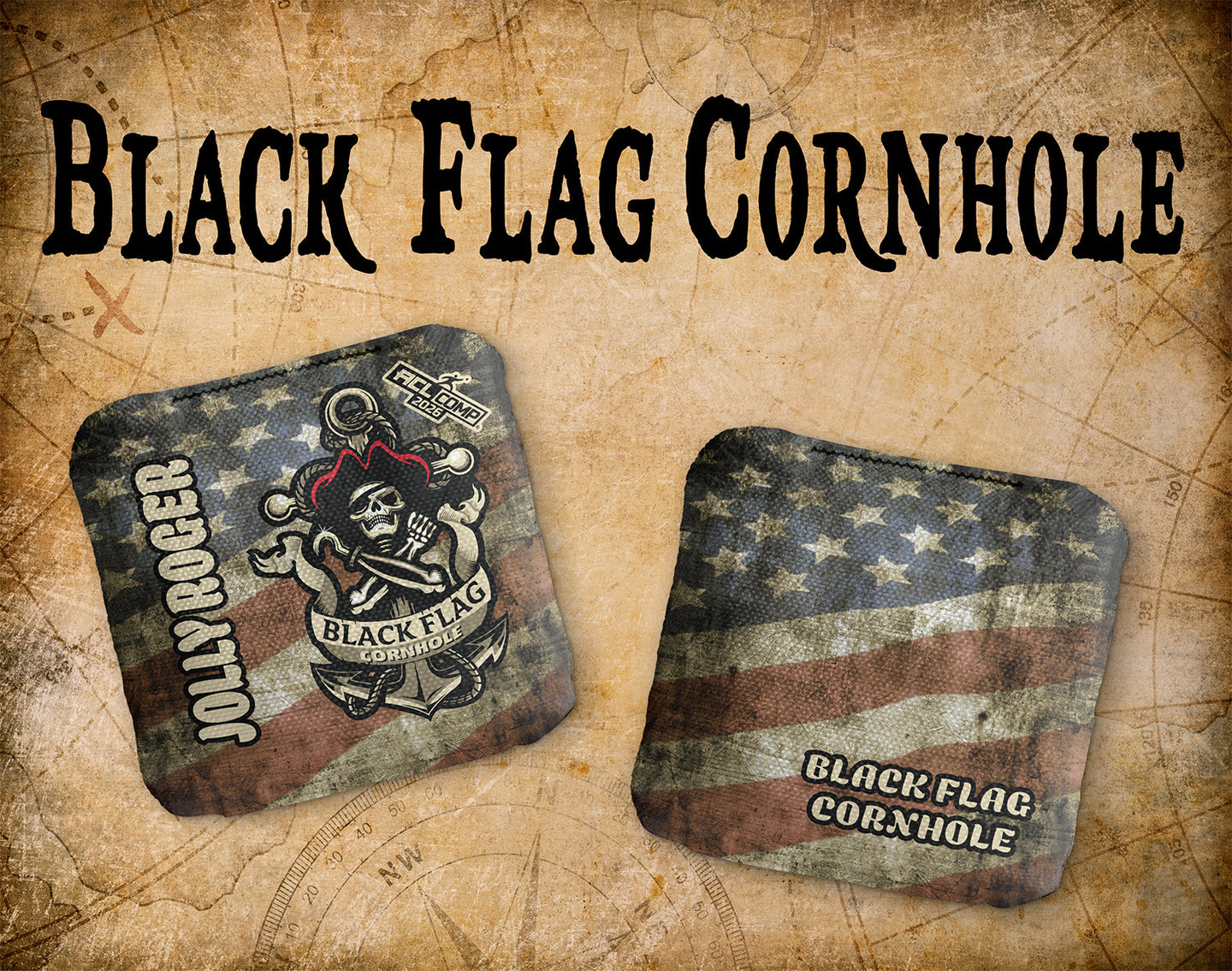 Black Flag Cornhole Jolly Roger - Rustic Flag - ACL Comp 2026