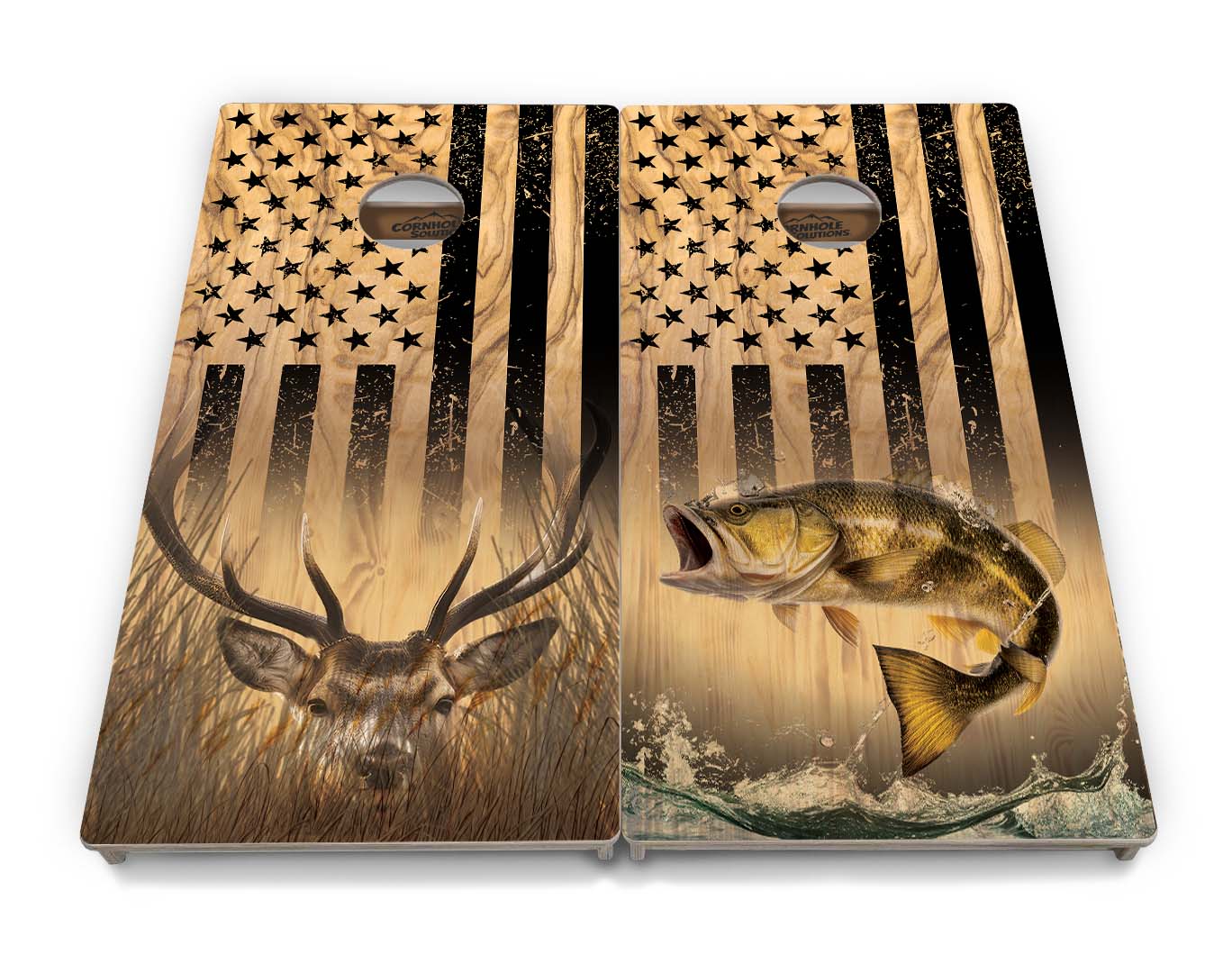 Light Wood Flag Deer & Fish Cornhole Boards - Professional Tournament Series