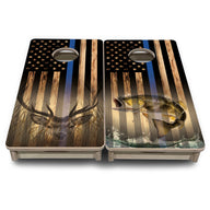 Mini Cornhole Boards - Blue & Red Line Deer & Fish Flag